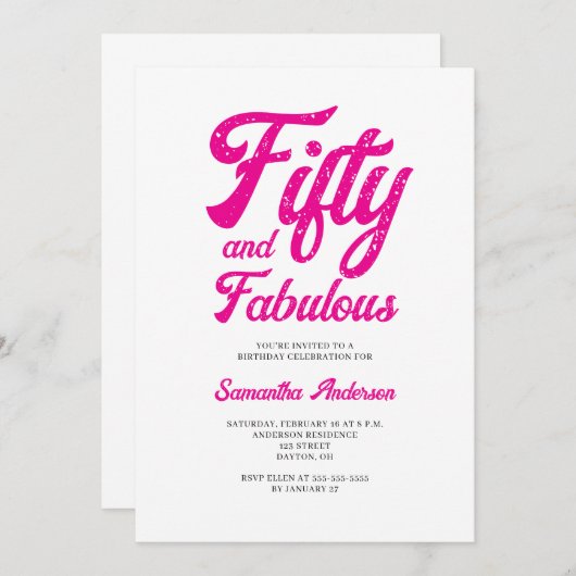 Modern 50 and Fabulous Pink 50th Birthday Party Kaart (Voorkant / Achterkant)