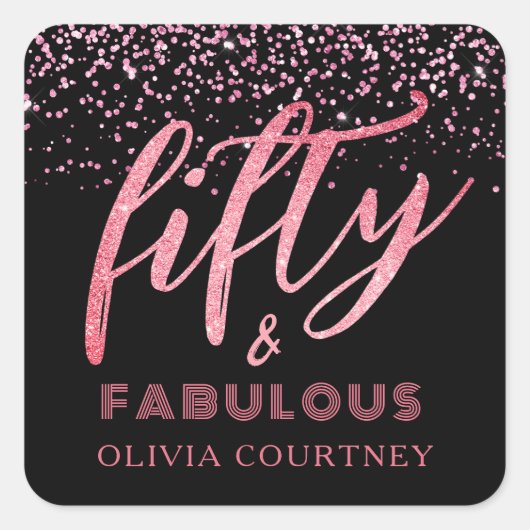 Modern 50 en Fabulous Pink Glitter Black Birthday Vierkante Sticker (Voorkant)