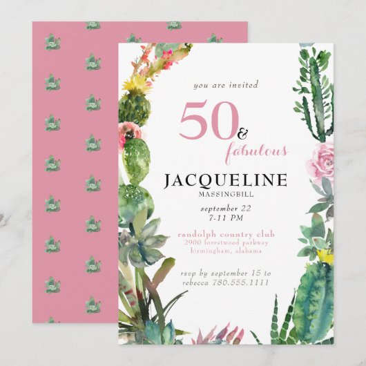 Modern 50 & Fabulous Cactus Verjaardagsfeest Kaart (Voorkant / Achterkant)