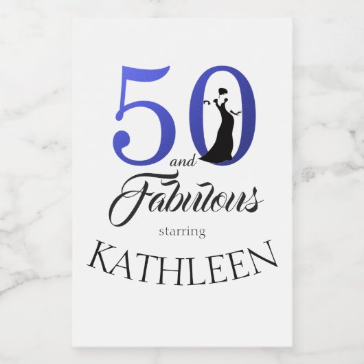 Modern 50 Fabulous Custom Name 50th Birthday Blue Wijn Etiket (Enkel label)