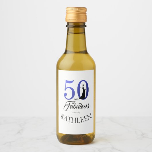 Modern 50 Fabulous Custom Name 50th Birthday Blue Wijn Etiket (Voorkant)