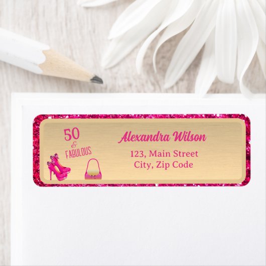 Modern 50 & Fabulous Hoge Hakken Goud Roze Glitter Etiket (Insitu)