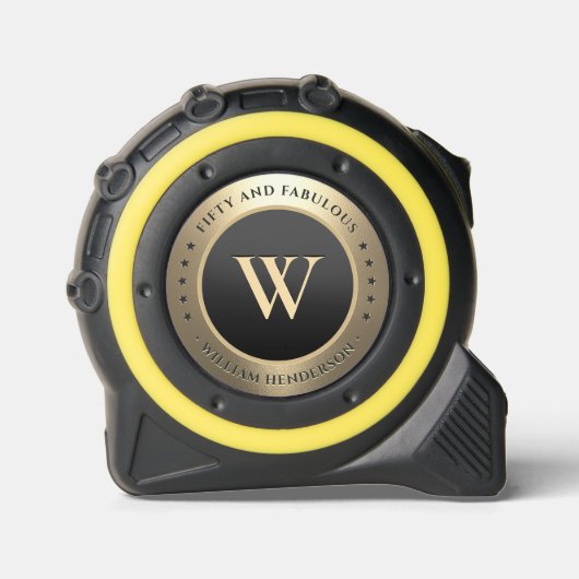 Modern 50 Verjaardag Monogram Elegant Zwart Goud Rolmaat (Voorkant)