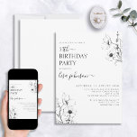 Modern 50e verjaardag Script Zwart Wit Bloemen Kaart<br><div class="desc">Vier vijftig prachtige jaren met een tijdloze en moderne 50ste Verjaardag Script Zwart Wit Bloemen Uitnodiging! Dit elegante ontwerp is de perfecte keuze voor elke vijftigjarige viering, met delicate zwart-witte wildflower line art om de toon te zetten voor uw speciale gelegenheid. Personaliseer je verjaardagsfeestdetails met moderne handgeletterde kalligrafie, zodat iedereen...</div>