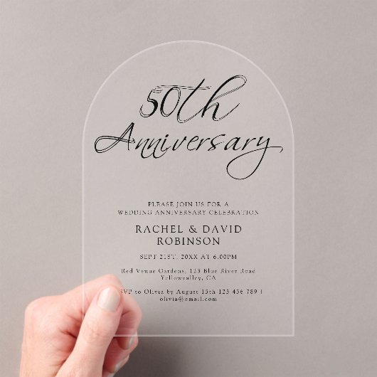 Modern 50th Wedding Jubileum Zwart Script Acryl Uitnodigingen (Insitu (Draagbaar))