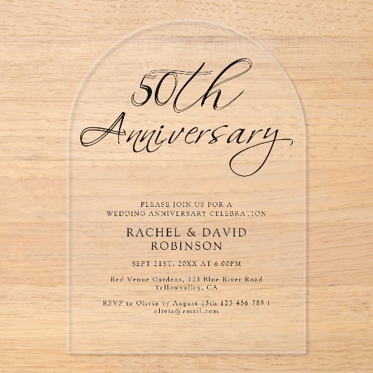 Modern 50th Wedding Jubileum Zwart Script Acryl Uitnodigingen (Voorkant)
