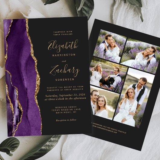 Modern 5-foto Paars Gold Agate Dark Wedding Kaart