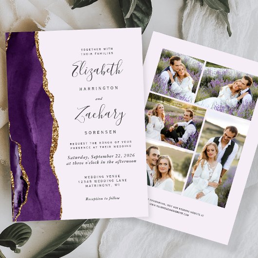 Modern 5-foto Paars Gold Agate Lavender Wedding Kaart