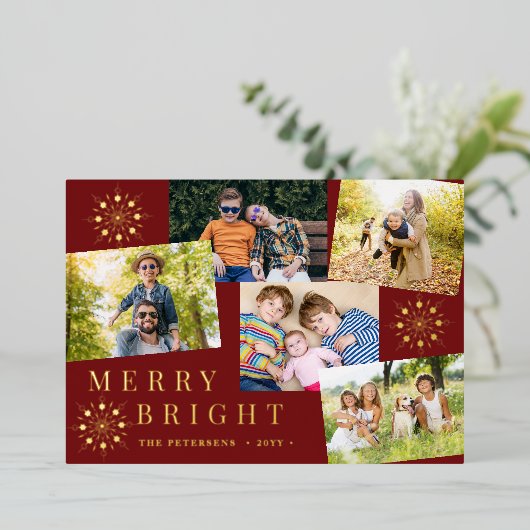 Modern 5 fotocollage gouden sneeuwvlokken Kerstmis Folie Feestdagenkaart (Staand Voorkant)