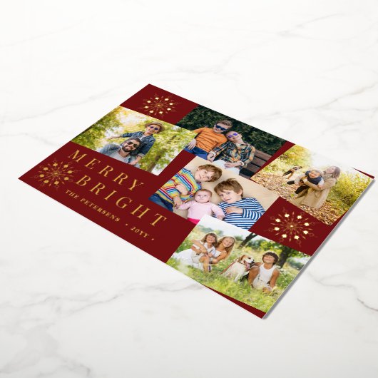 Modern 5 fotocollage gouden sneeuwvlokken Kerstmis Folie Feestdagenkaart (Gedraaid)