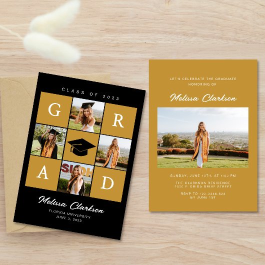 Modern 5 Fotocollage Zwart & Mosterd Afstuderen Kaart