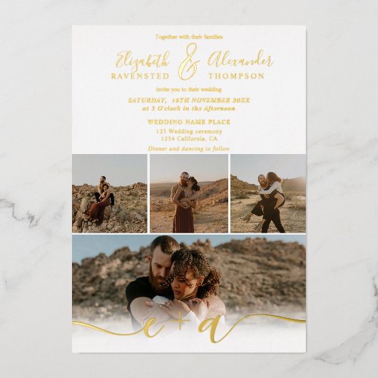 Modern 5 Foto's elegant script bruiloft goud Folie Uitnodiging (Voorkant)