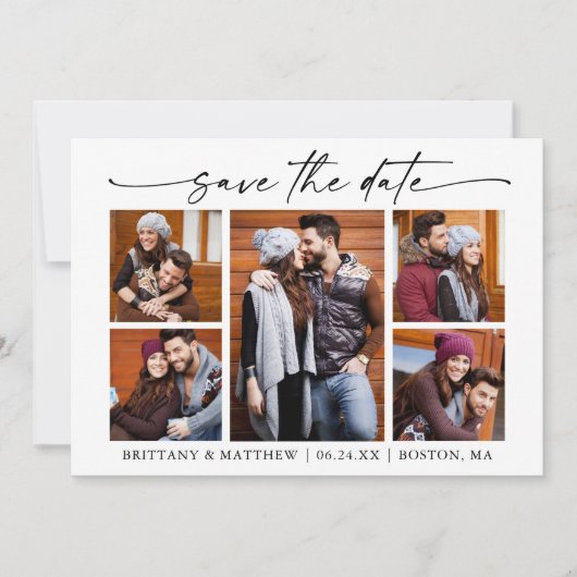 Modern 5 foto's Minimalistisch inktscript Save The Date (Voorkant)