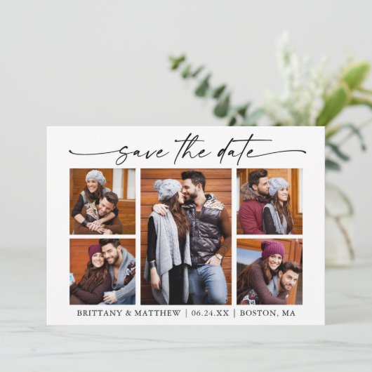 Modern 5 foto's Minimalistisch inktscript Save The Date (Staand voorkant)