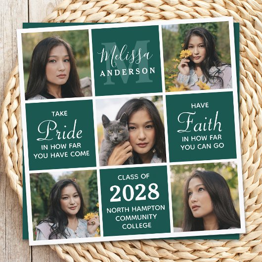Modern 5 Photo Collage Emerald Green Afstuderen Kaart