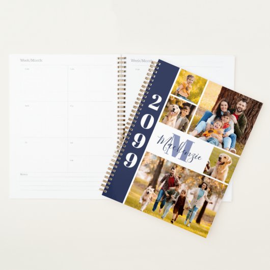 Modern 5 Photo Collage Monogram Naam Navy Blue Planner (Display)