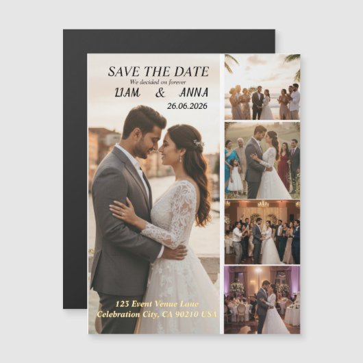 Modern 5 Photo Wedding Save the Date Card Magnetische Uitnodiging (Voorkant / Achterkant)
