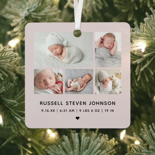Modern 5 Photos Birth Announcement Metalen Ornament (Insitu)
