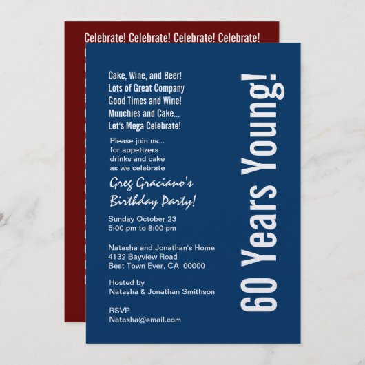 Modern 60 jaar Young Birthday Blue White Red Kaart (Voorkant / Achterkant)