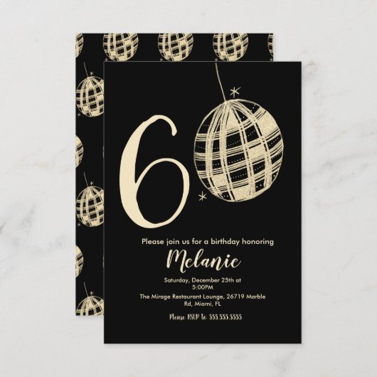 Modern 60e script - zwart discoglitter kaart (Voorkant / Achterkant)