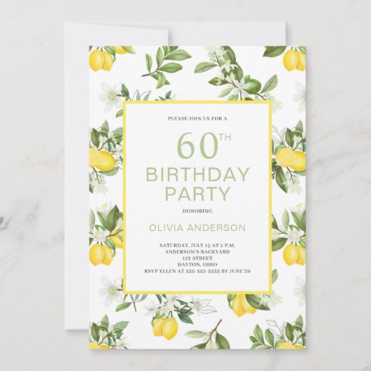 Modern 60th Birthday Lemon Citrus Invitation Kaart (Voorkant)