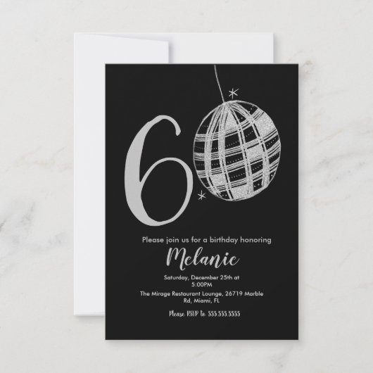 Modern 60th Script Bold Zwarte Disco Glitter Uitno Kaart (Voorkant)