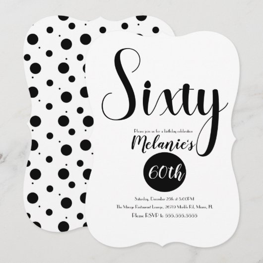Modern 60th Script Vet Zwart en Witte Stippen Kaart (Voorkant / Achterkant)