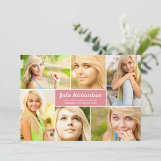 Modern 6 Foto Afstuderen Aankondiging in Roze (Staand voorkant)