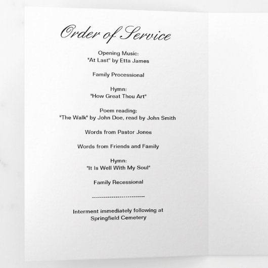 Modern 6-pagina Trifold 2-foto begrafenisprogramma Drieluik Programma (Binnenzijde eerst)