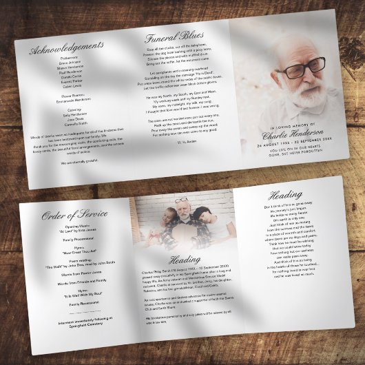 Modern 6-pagina's Trifold 2-foto rouwprogramma Drieluik Programma