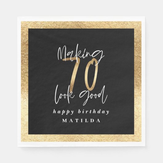 Modern 70 zwart en goud typografie verjaardagsfees servet (Voorkant)