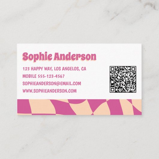 Modern 70s Retro Pink Wavy with QR Code Visitekaartje (Achterkant)