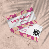 Modern 70s Retro Pink Wavy with QR Code Visitekaartje