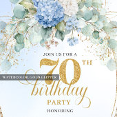 Modern 70th Birthday Light Blue Hydrangea Invites Kaart