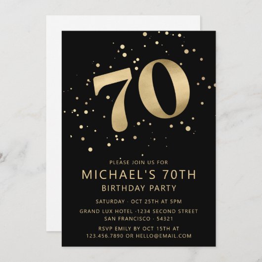 Modern 70th Seventy Birthday Black and Gold Kaart (Voorkant / Achterkant)