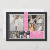 Modern 7-Photo College Girly Pink Black Afstuderen Aankondiging (Voorkant)