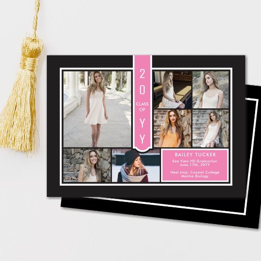 Modern 7-Photo College Girly Pink Black Afstuderen Aankondiging