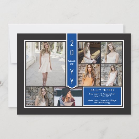 Modern 7-Photo College Navy Blue Black Afstuderen Aankondiging (Voorkant)