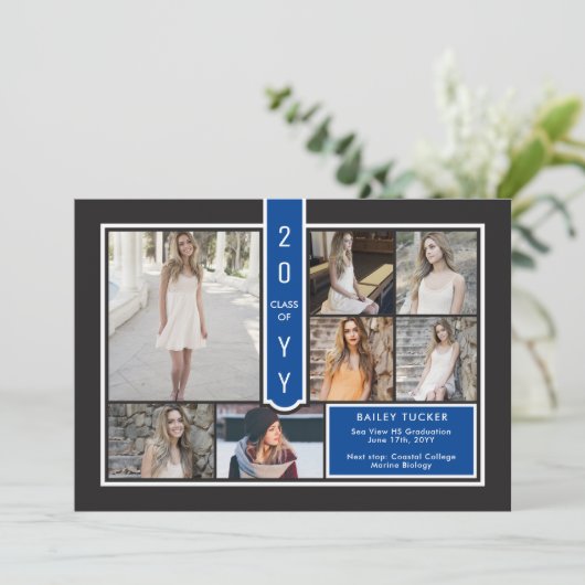 Modern 7-Photo College Navy Blue Black Afstuderen Aankondiging (Staand voorkant)