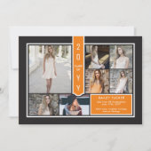 Modern 7-Photo College Oranje en zwart Afstuderen Aankondiging (Voorkant)