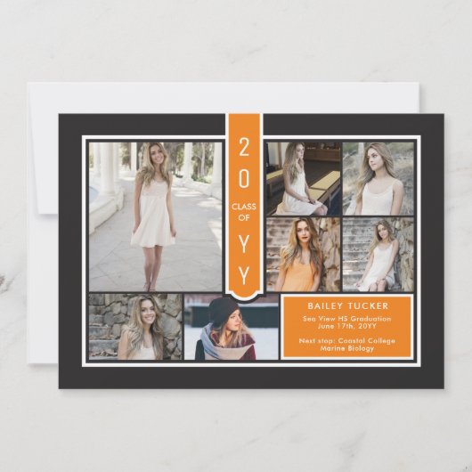 Modern 7-Photo College Oranje en zwart Afstuderen Aankondiging (Voorkant)