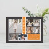 Modern 7-Photo College Oranje en zwart Afstuderen Aankondiging (Staand voorkant)