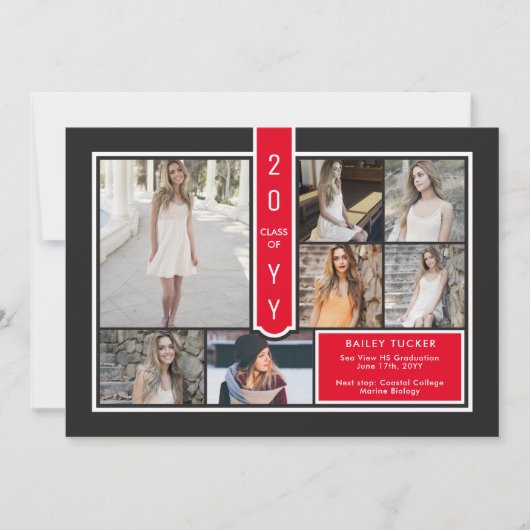 Modern 7-Photo College Red & Black Afstuderen Aankondiging (Voorkant)