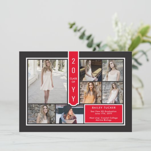 Modern 7-Photo College Red & Black Afstuderen Aankondiging (Staand voorkant)