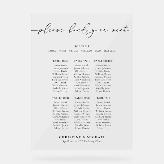 Modern 7 Tafel Trouw Stoelenplattegrond Acryl Bord (Voorkant)