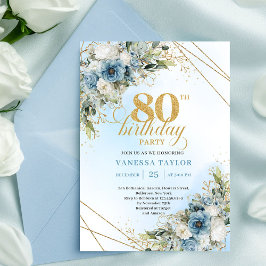 Modern 80th Birthday Invite Boho Dusty Blue Floral Kaart