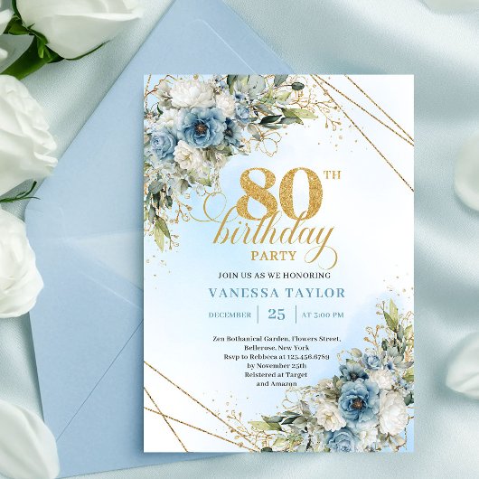 Modern 80th Birthday Invite Boho Dusty Blue Floral Kaart