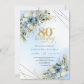 Modern 80th Birthday Invite Boho Dusty Blue Floral Kaart (Voorkant)