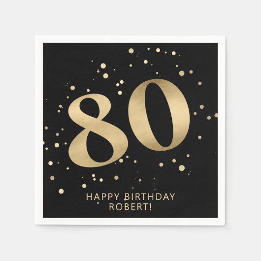 Modern 80th Eighty Birthday | Black Gold Glitter  Servet (Voorkant)