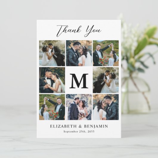 Modern 8 Fotocollage Gepersonaliseerd Monogram Huw Bedankkaart (Staand voorkant)